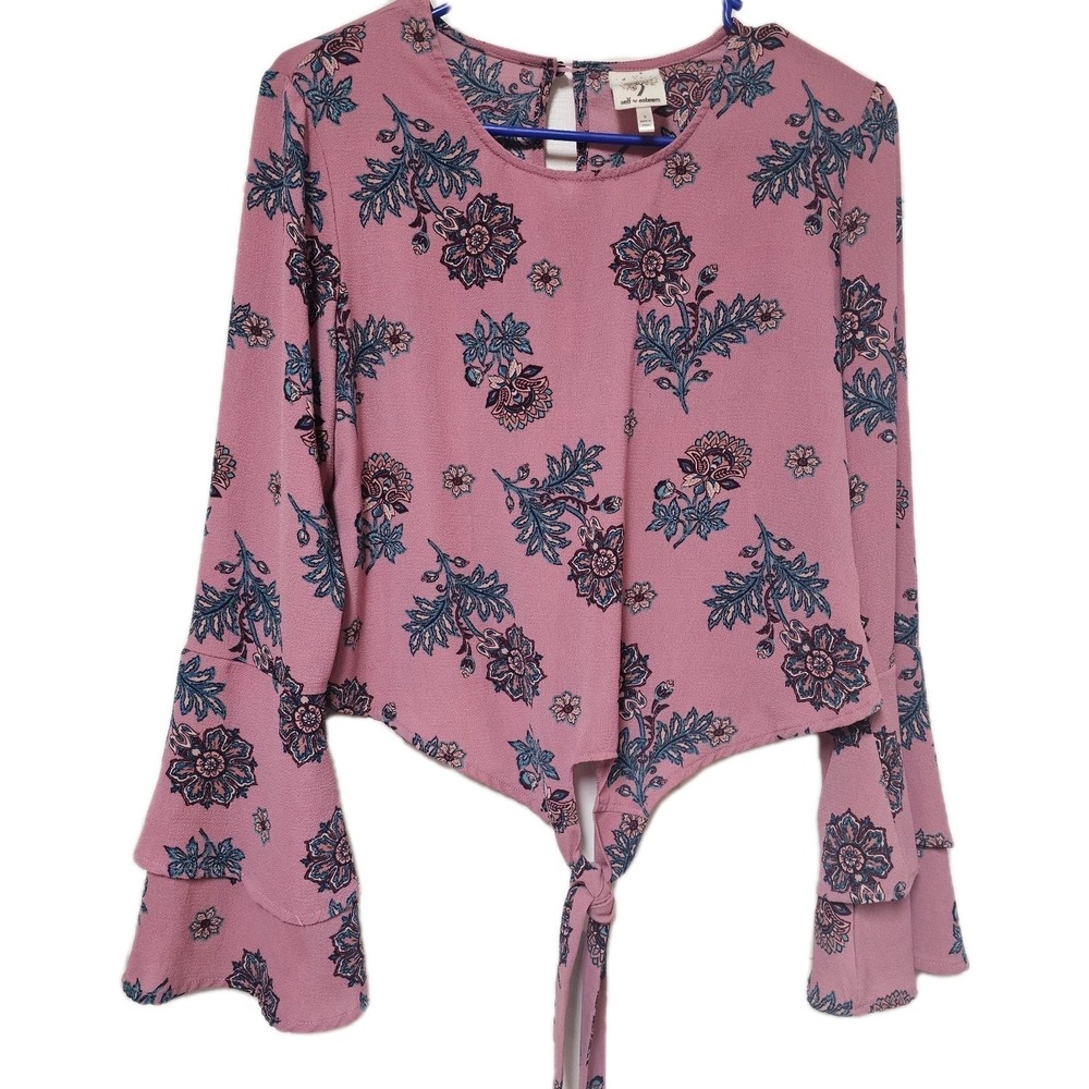 Self Esteem Size Small Pink Crop Top , Tie In Front Bell Sleeves Boho Y2K EUC